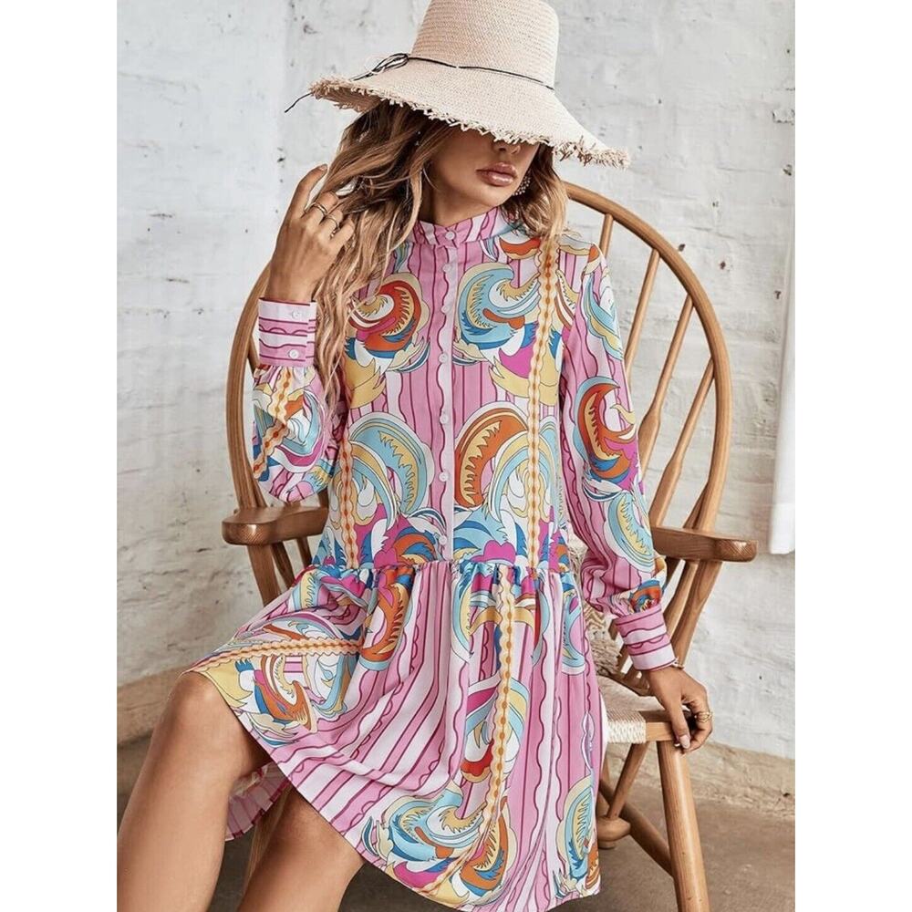 Striped and Scroll Print Half Button Smock Dress … - image 1